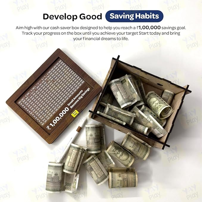 Smart Wooden Money Box with Savings Tracker – Save ₹1,00,000 Easily! | Goal-Based Piggy Bank for Adults & Kids