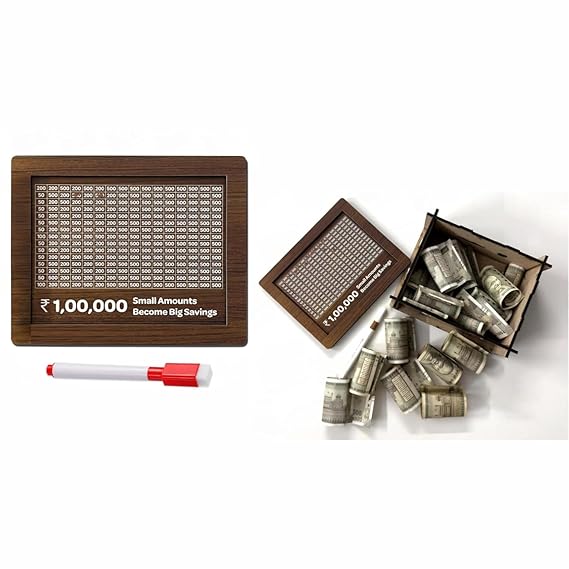 Smart Wooden Money Box with Savings Tracker – Save ₹1,00,000 Easily! | Goal-Based Piggy Bank for Adults & Kids