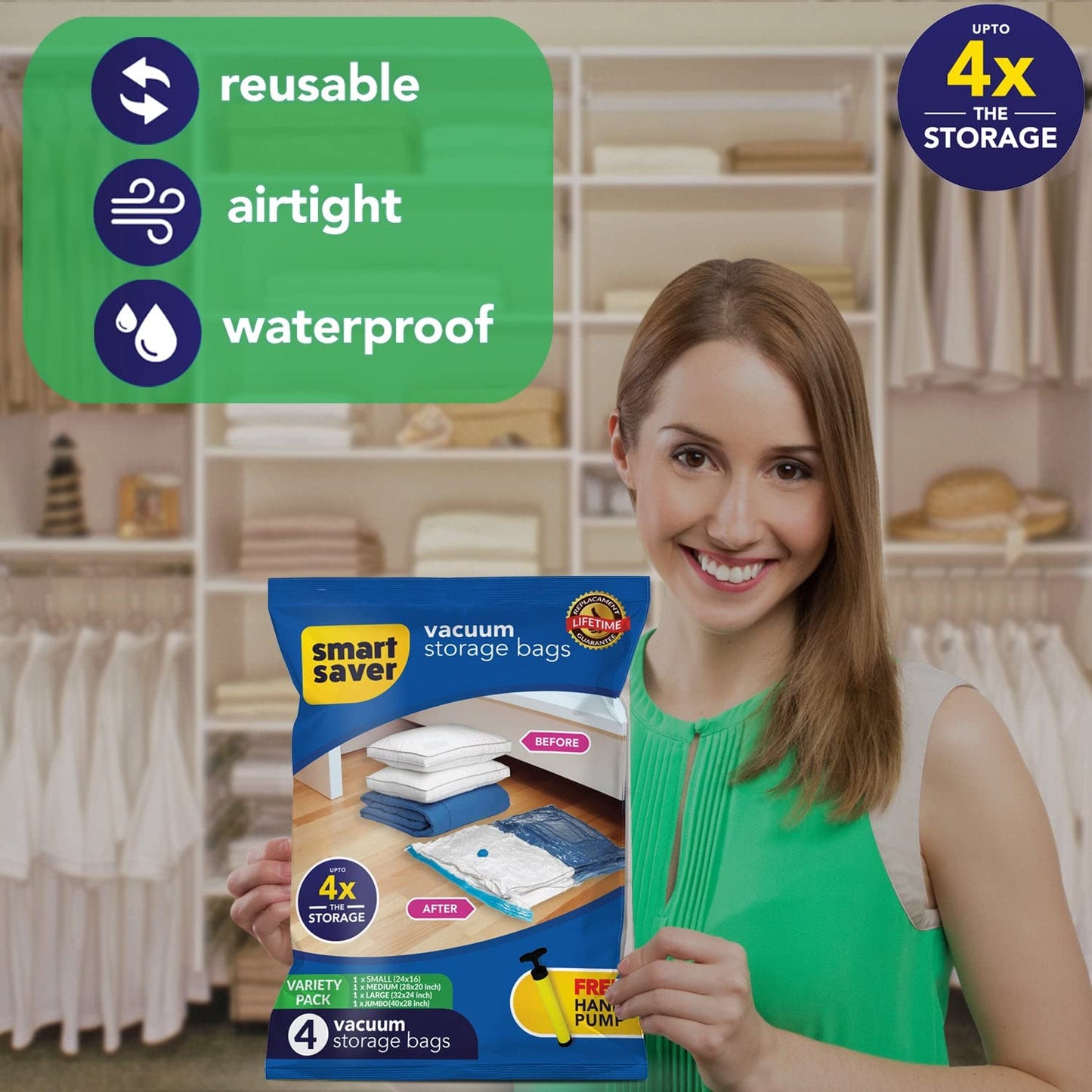 Smart Saver 5-Pack Vacuum Storage Bags with Travel Pump – Reusable Compression Bags for Clothes, Bedding & Travel