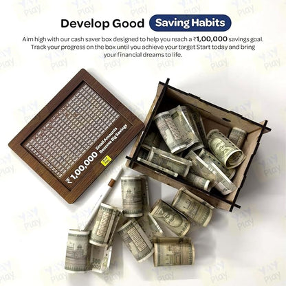 Smart Wooden Money Box with Savings Tracker – Save ₹1,00,000 Easily! | Goal-Based Piggy Bank for Adults & Kids