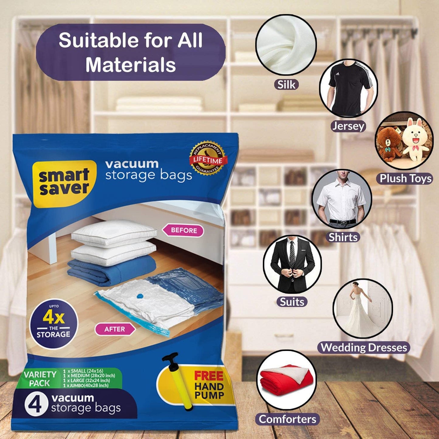 Smart Saver 5-Pack Vacuum Storage Bags with Travel Pump – Reusable Compression Bags for Clothes, Bedding & Travel